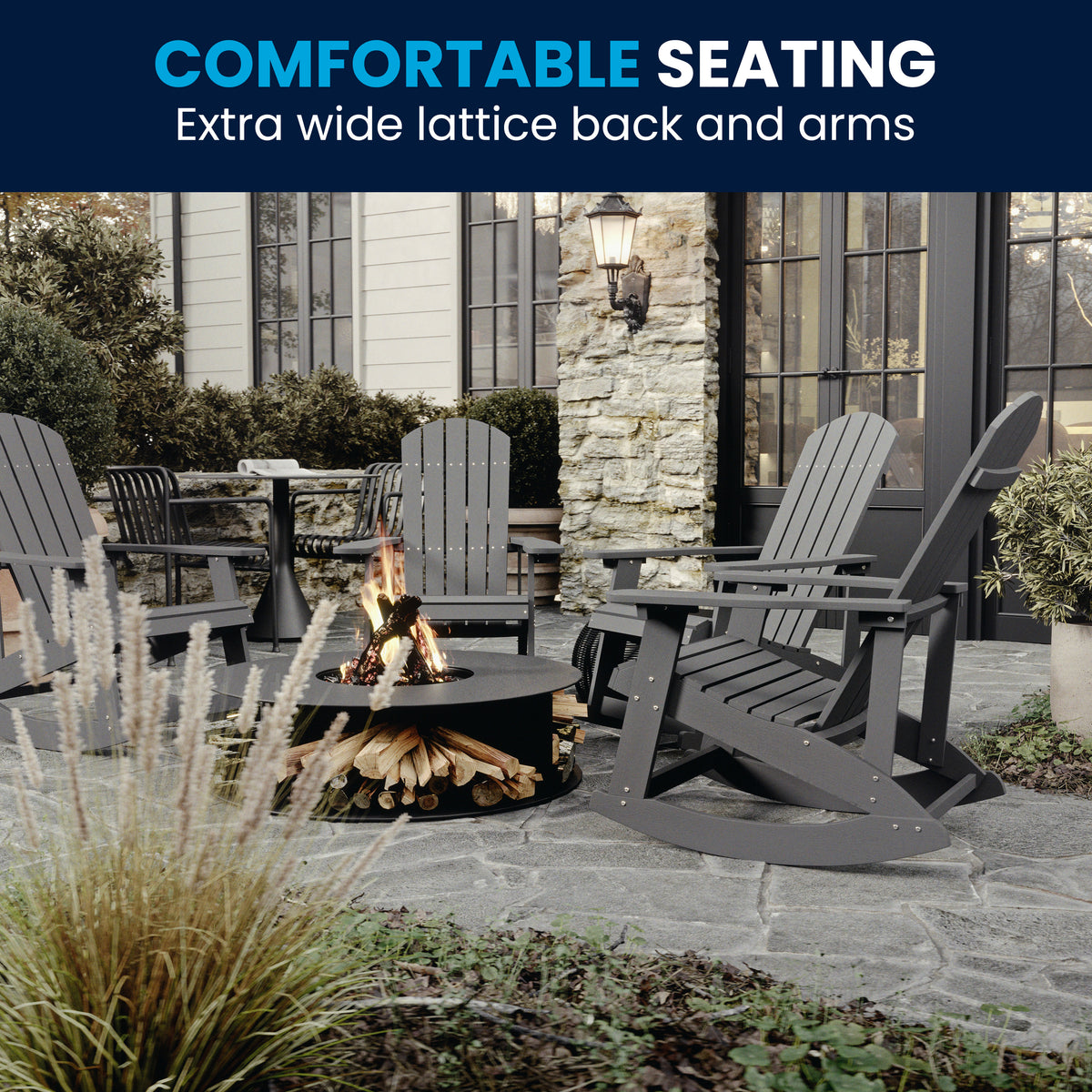 Savannah Commercial Grade All-Weather Poly Resin Wood Adirondack Rocking Chair with Rust Resistant Stainless Steel Hardware in Gray