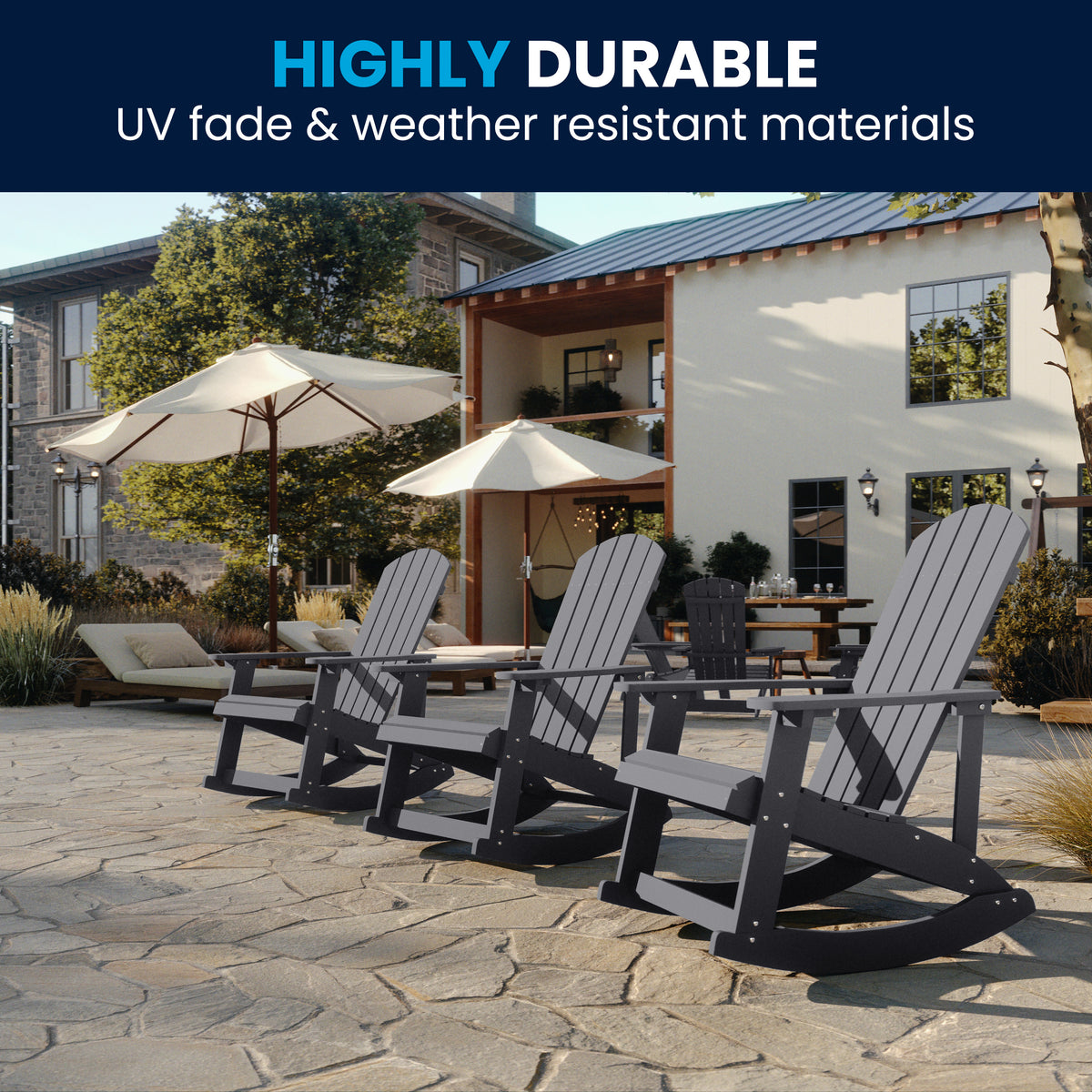 Savannah Commercial Grade All-Weather Poly Resin Wood Adirondack Rocking Chair with Rust Resistant Stainless Steel Hardware in Gray
