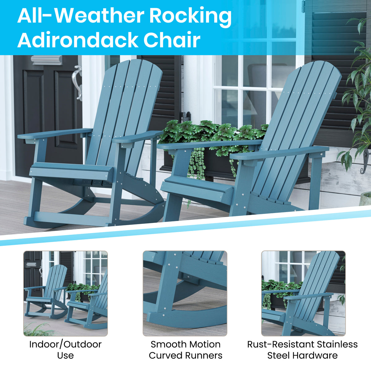 Savannah Commercial Grade All-Weather Poly Resin Wood Adirondack Rocking Chair with Rust Resistant Stainless Steel Hardware in Sea Foam