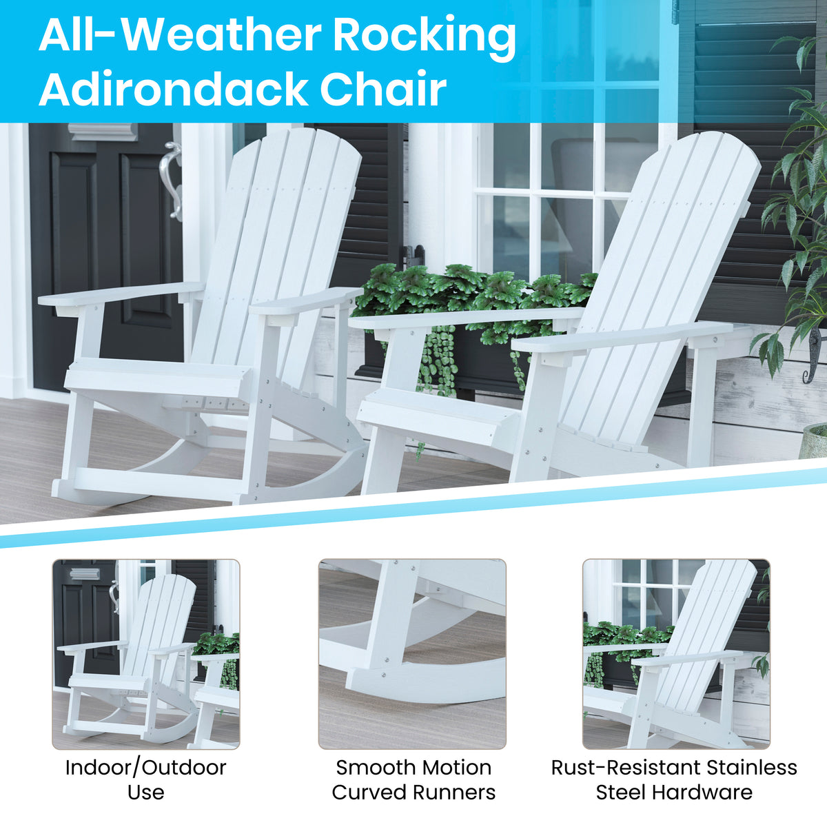 Savannah Commercial Grade All-Weather Poly Resin Wood Adirondack Rocking Chair with Rust Resistant Stainless Steel Hardware in White