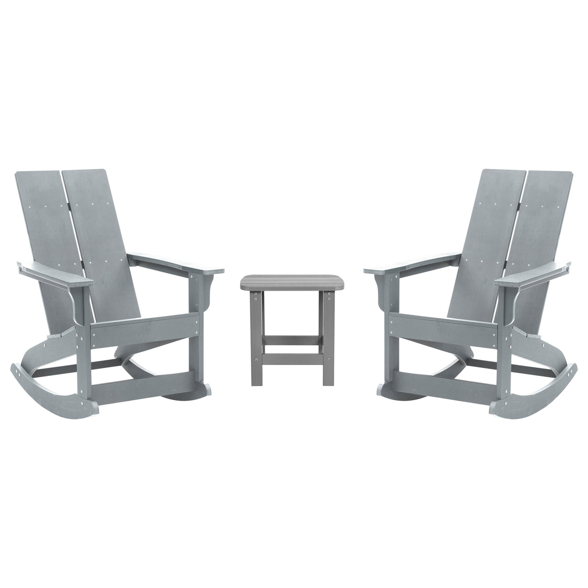 Set of 2 Gray Finn Modern Commercial Grade All-Weather 2-Slat Poly Resin Rocking Adirondack Chairs with Matching Side Table