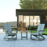 Set of 2 Gray Finn Modern Commercial Grade All-Weather 2-Slat Poly Resin Rocking Adirondack Chairs with Matching Side Table