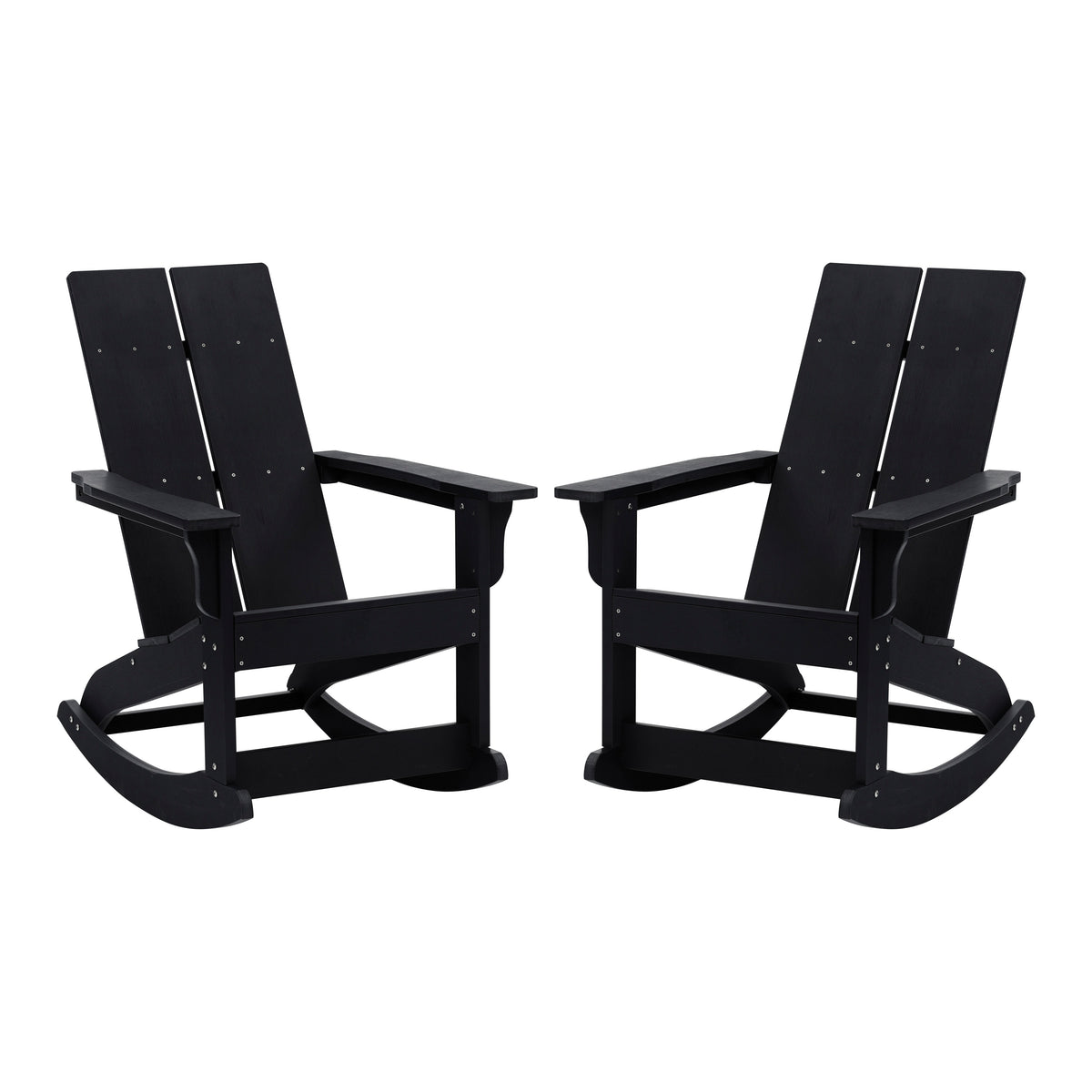 Finn Modern Commercial Grade All-Weather 2-Slat Poly Resin Rocking Adirondack Chair with Rust Resistant Stainless Steel Hardware in Black - Set of2