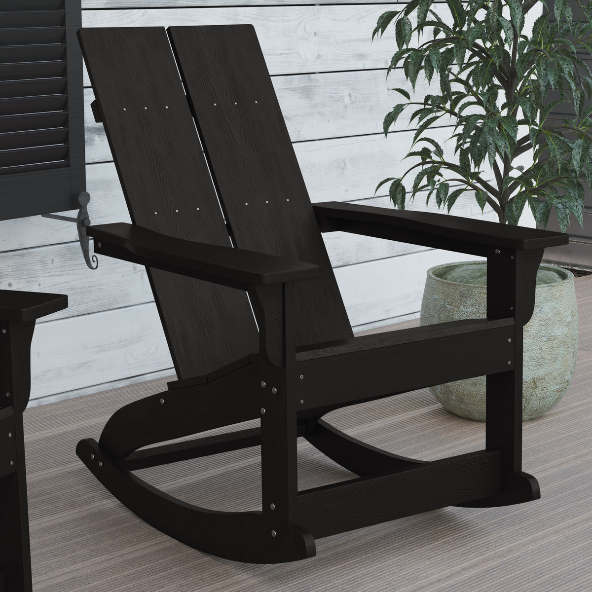 Finn Modern Commercial Grade All-Weather 2-Slat Poly Resin Rocking Adirondack Chair with Rust Resistant Stainless Steel Hardware in Black - Set of2