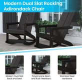 Finn Modern Commercial Grade All-Weather 2-Slat Poly Resin Rocking Adirondack Chair with Rust Resistant Stainless Steel Hardware in Black - Set of2