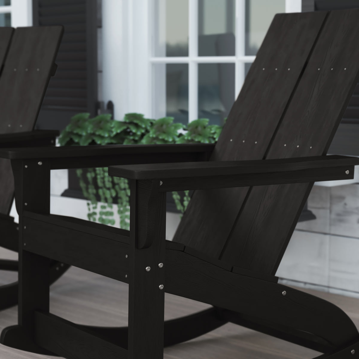 Finn Modern Commercial Grade All-Weather 2-Slat Poly Resin Wood Rocking Adirondack Chair with Rust Resistant Stainless Steel Hardware in Black