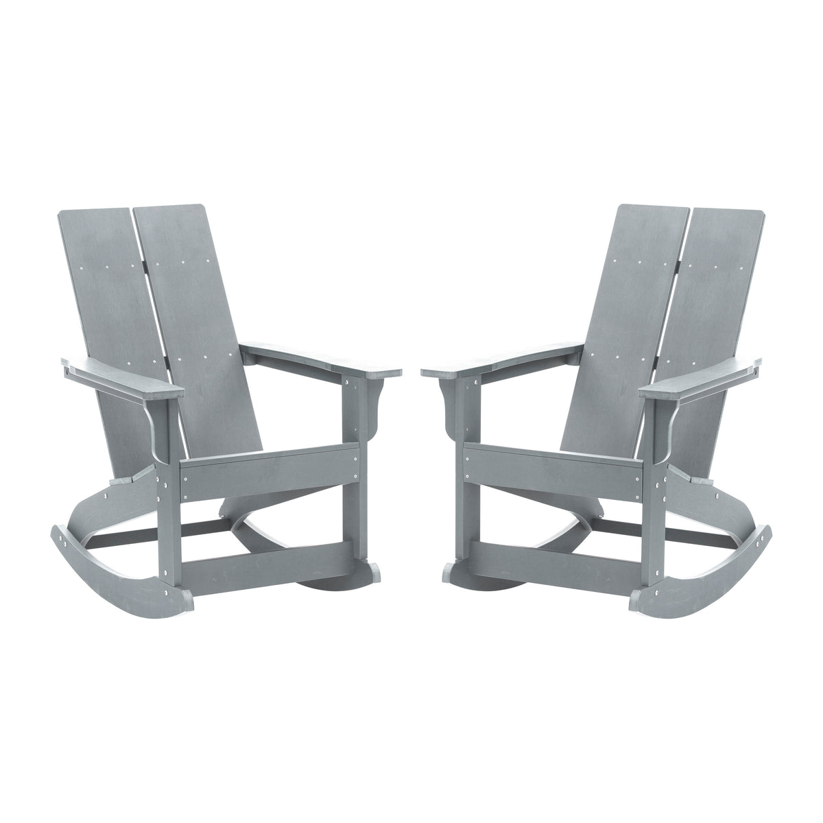 Finn Modern Commercial Grade All-Weather 2-Slat Poly Resin Rocking Adirondack Chair with Rust Resistant Stainless Steel Hardware in Gray - Set of2