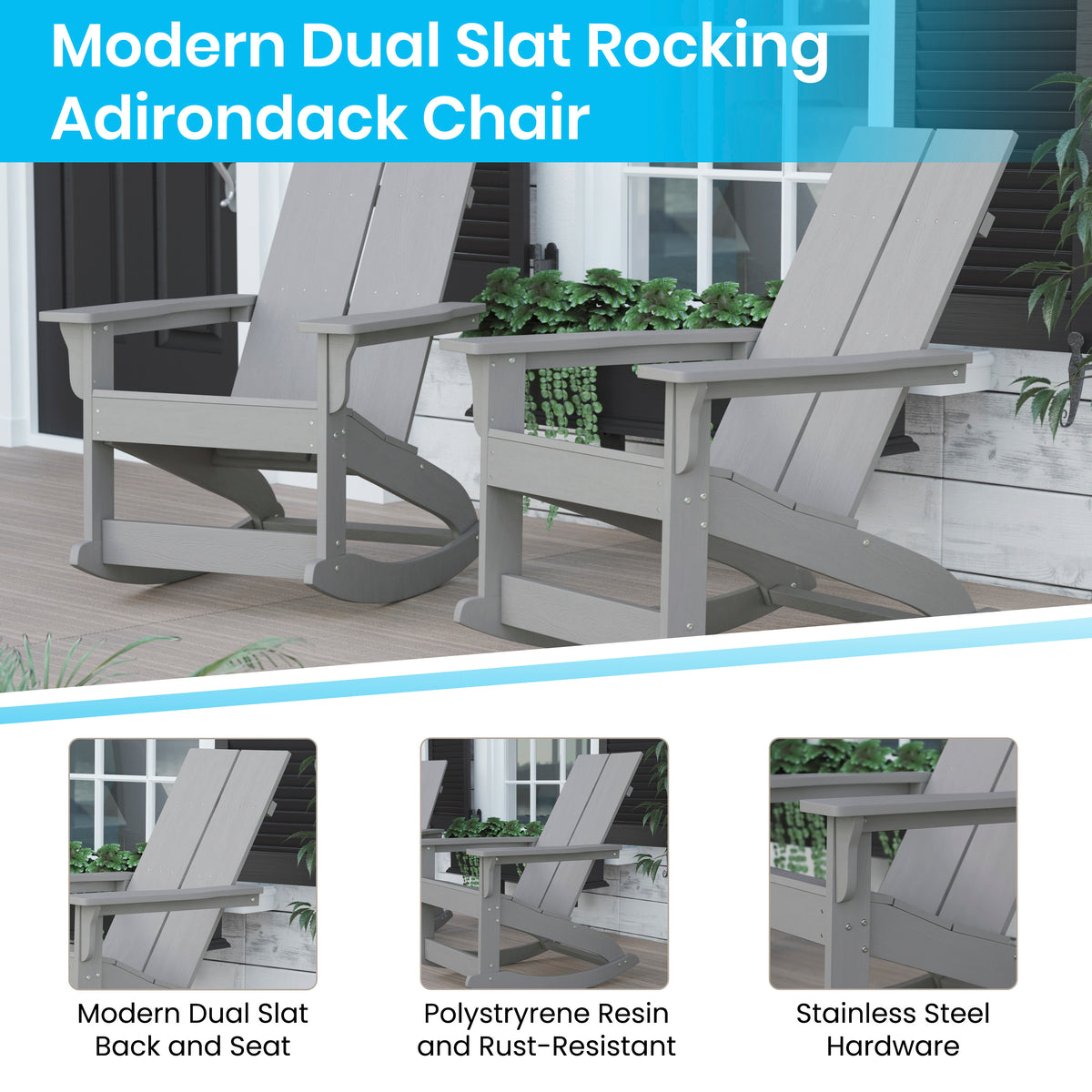 Finn Modern Commercial Grade All-Weather 2-Slat Poly Resin Rocking Adirondack Chair with Rust Resistant Stainless Steel Hardware in Gray - Set of2