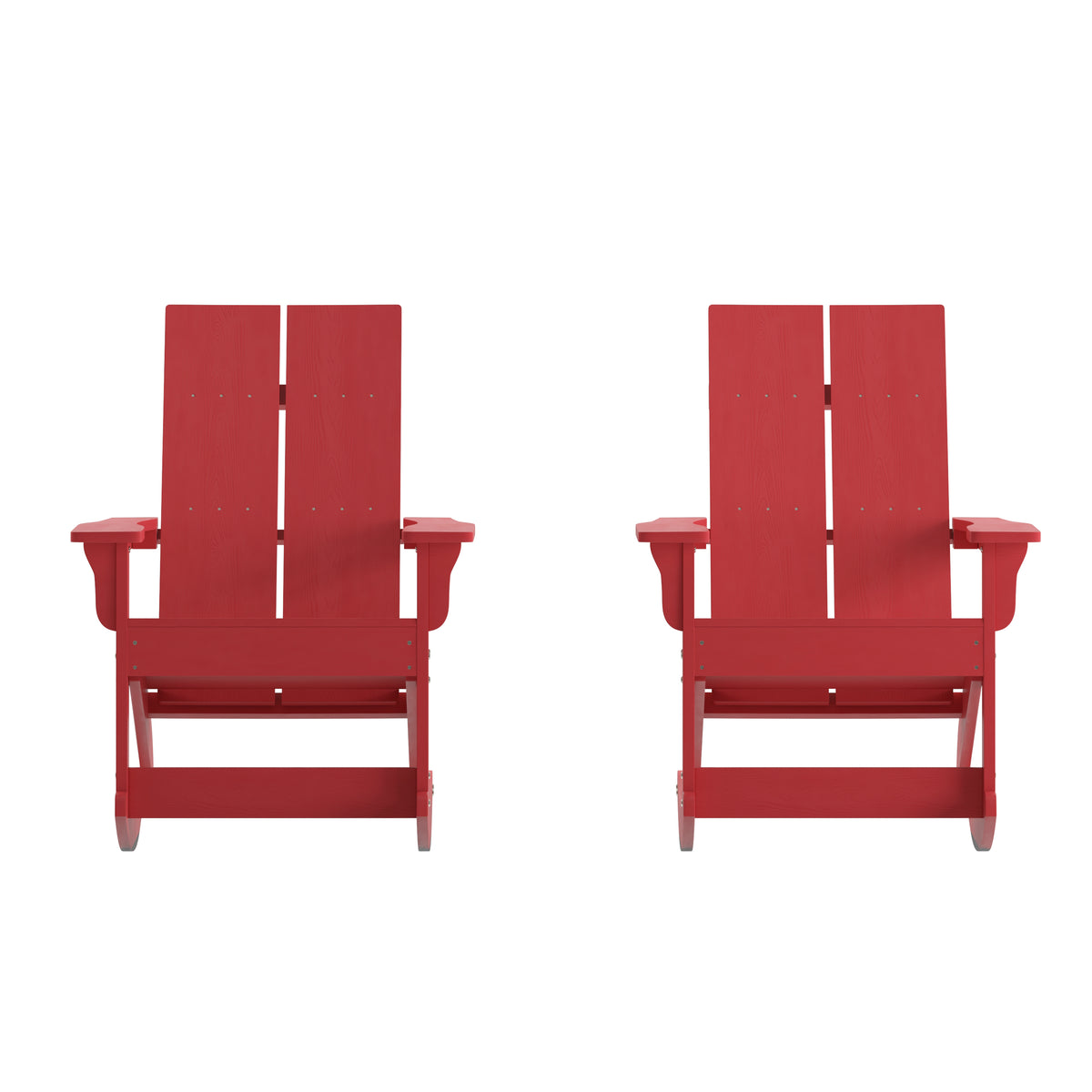 Finn Modern Commercial Poly Resin Wood Adirondack Rocking Chair - All Weather Red Polystyrene - Dual Slat Back - Stainless Steel Hardware - Set of 2