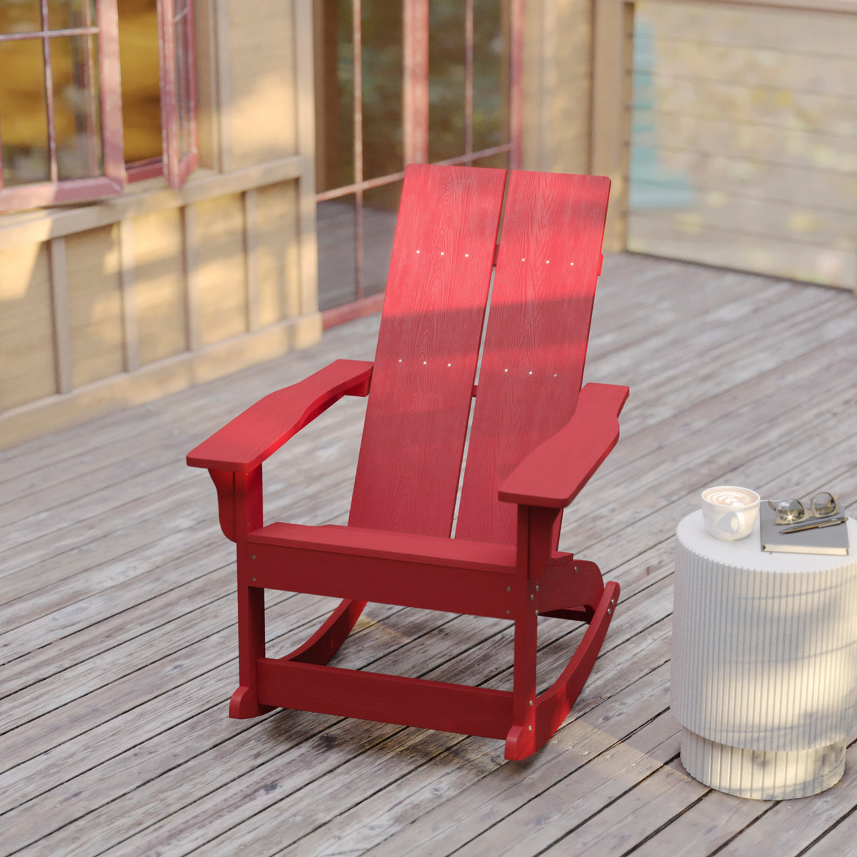 Finn Modern Commercial Poly Resin Wood Adirondack Rocking Chair - All Weather Red Polystyrene - Dual Slat Back - Stainless Steel Hardware - Set of 2