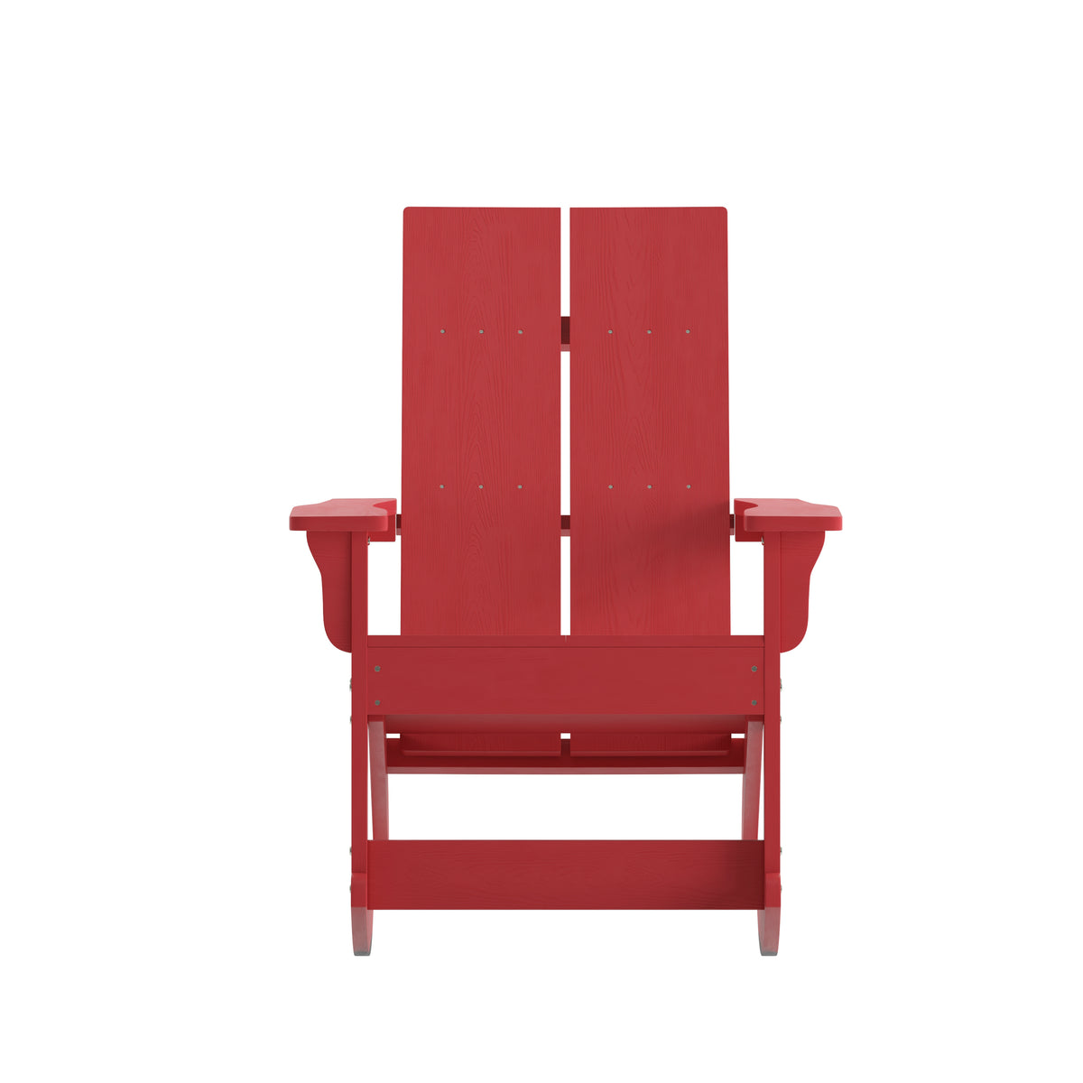 Finn Modern Commercial Grade Poly Resin Wood Adirondack Rocking Chair - All Weather Red Polystyrene - Dual Slat Back - Stainless Steel Hardware