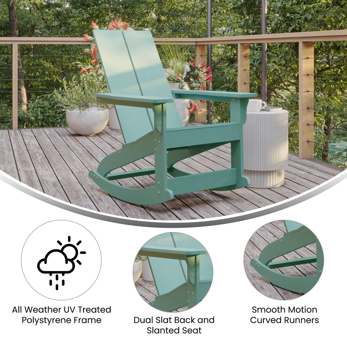 Finn Modern Commercial Grade Poly Resin Wood Adirondack Rocking Chair - All Weather Sea Foam Polystyrene - Dual Slat Back - Stainless Steel Hardware