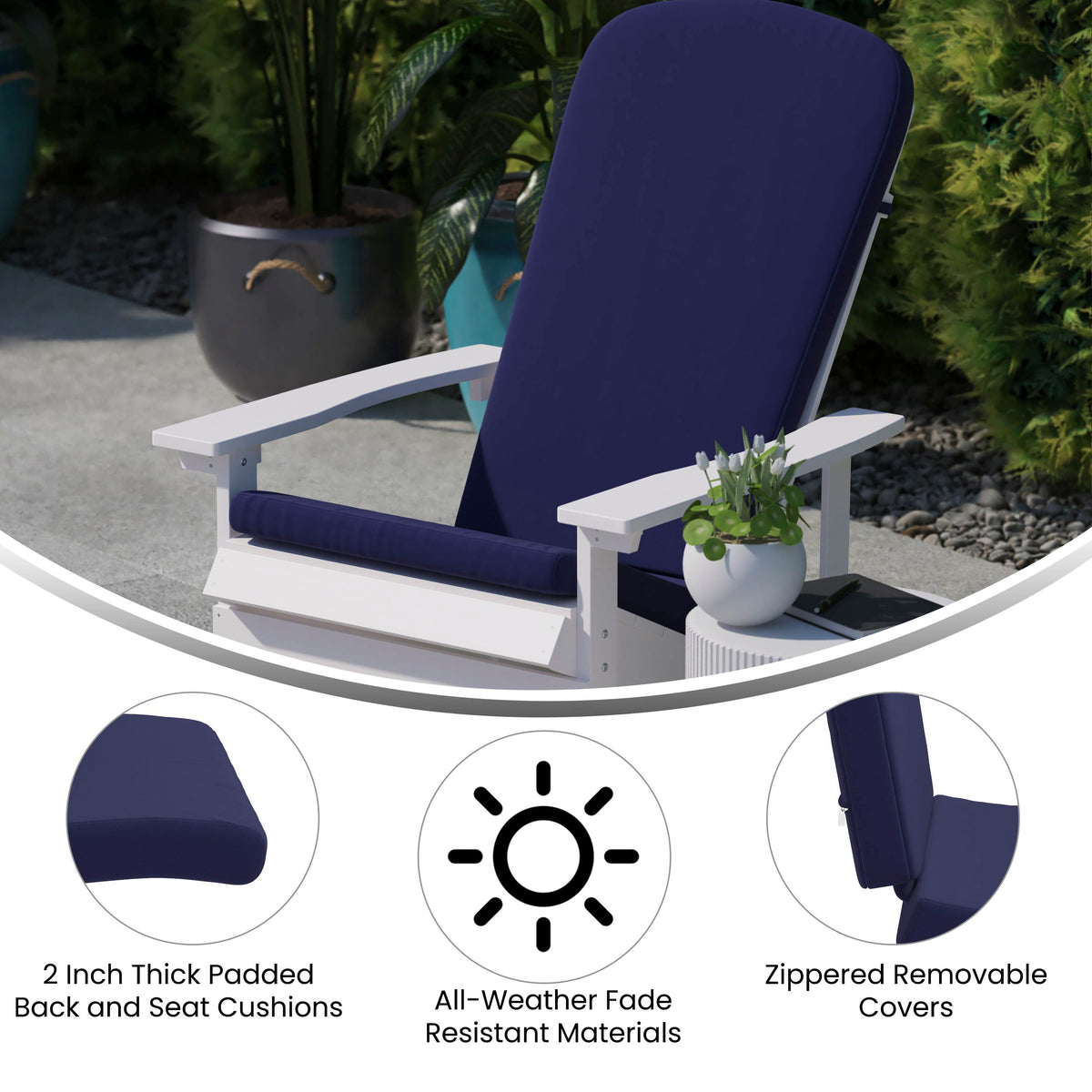 Charlestown Set of 2 All Weather Indoor/Outdoor High Back Adirondack Chair Cushions, Patio Furniture Replacement Cushions - Blue