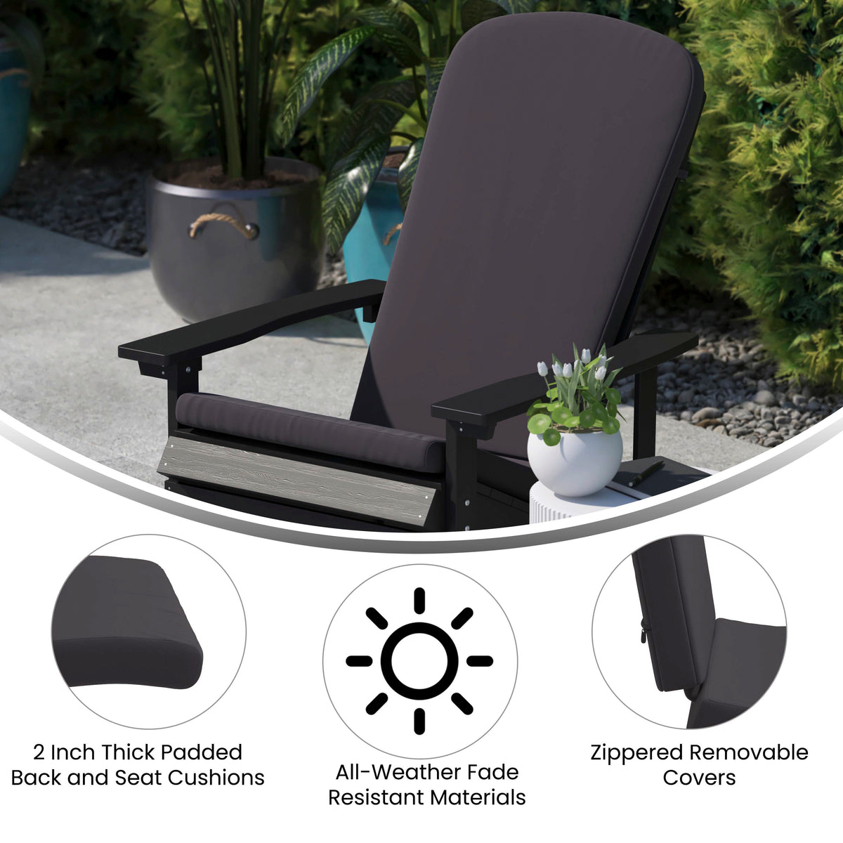 Charlestown Set of 2 All Weather Indoor/Outdoor High Back Adirondack Chair Cushions, Patio Furniture Replacement Cushions - Gray