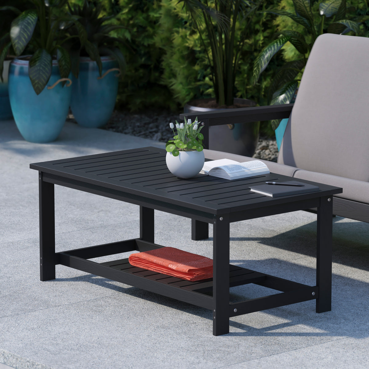 Charlestown All-Weather Poly Resin Wood Two Tiered Commercial Grade Adirondack Slatted Coffee Conversation Table in Black