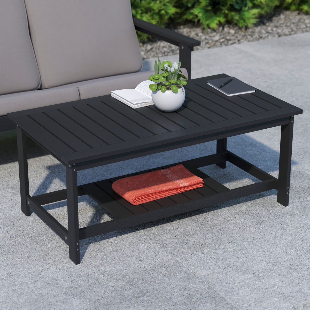 Charlestown All-Weather Poly Resin Wood Two Tiered Commercial Grade Adirondack Slatted Coffee Conversation Table in Black