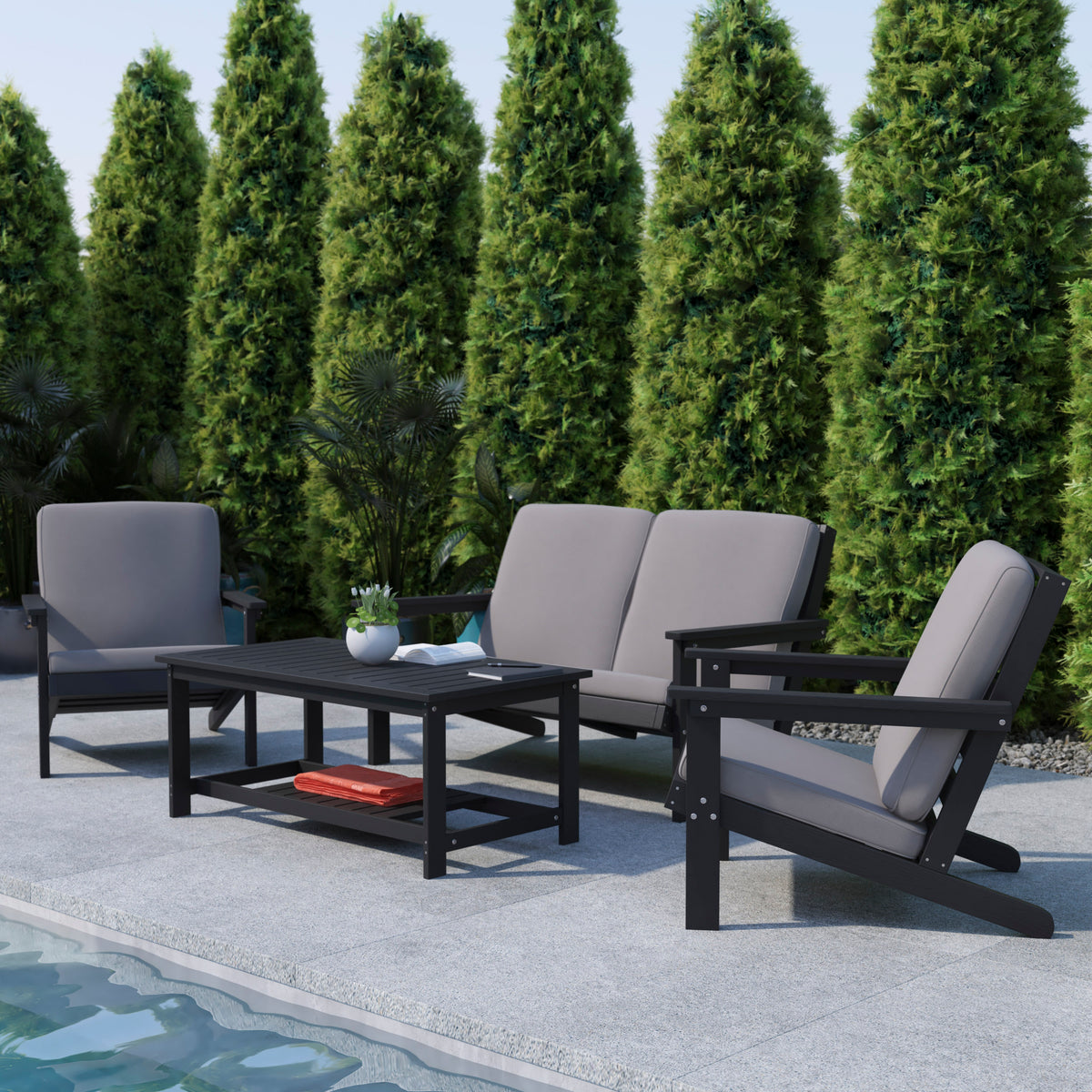 Charlestown All-Weather Poly Resin Wood Two Tiered Commercial Grade Adirondack Slatted Coffee Conversation Table in Black