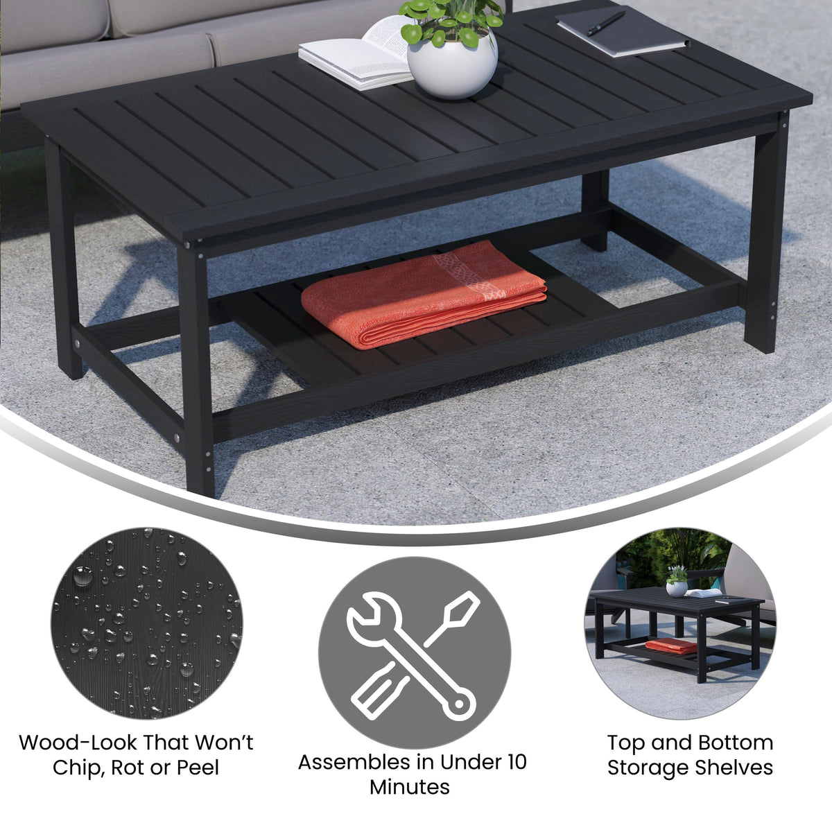 Charlestown All-Weather Poly Resin Wood Two Tiered Commercial Grade Adirondack Slatted Coffee Conversation Table in Black