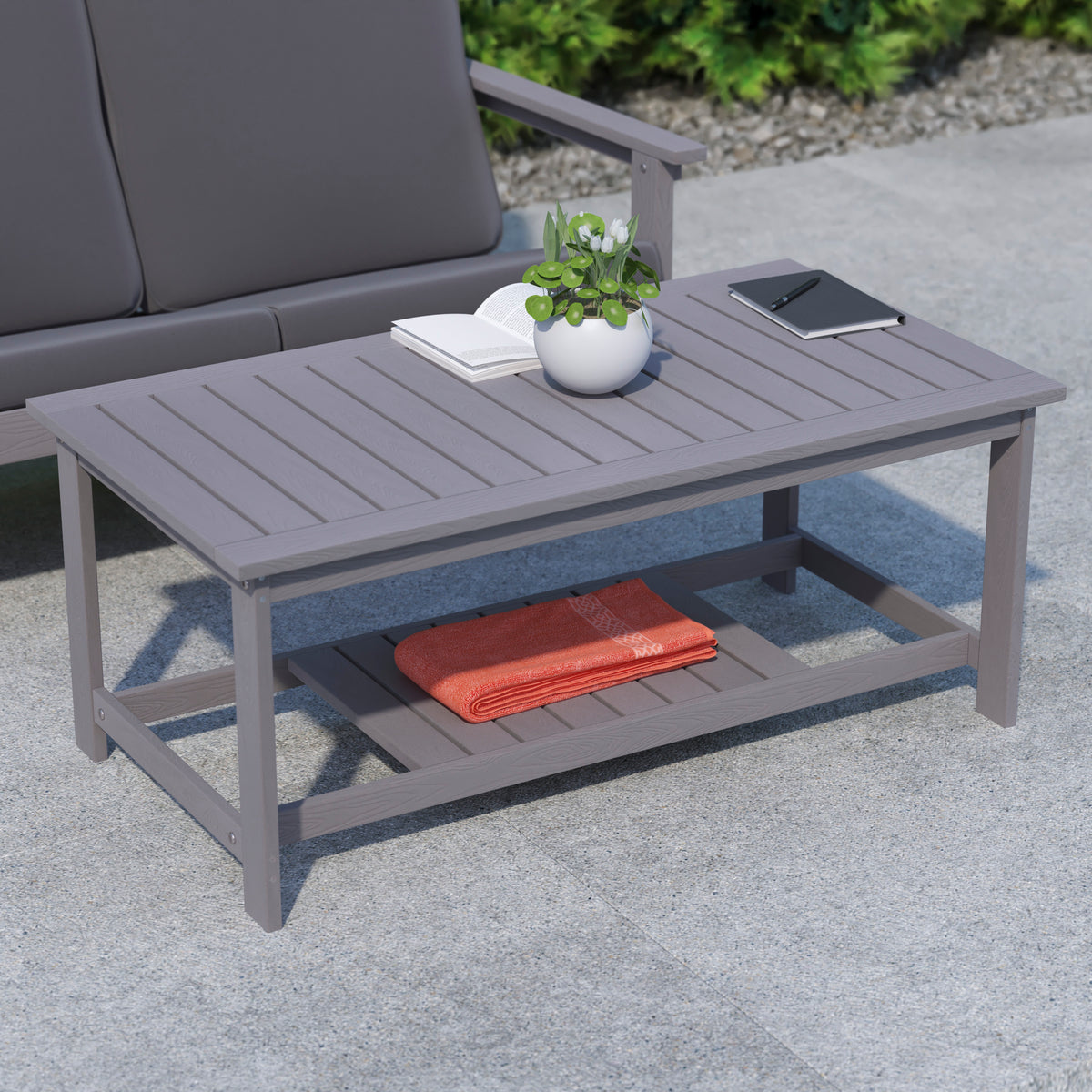 Charlestown All-Weather Poly Resin Wood Two Tiered Commercial Grade Adirondack Slatted Coffee Conversation Table in Gray
