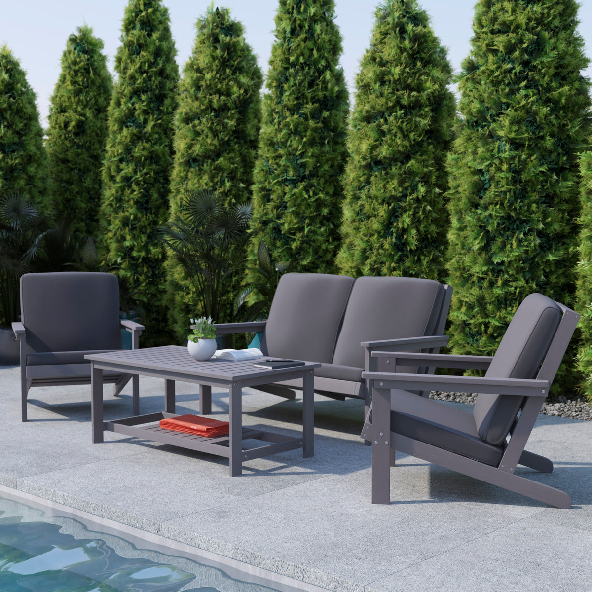 Charlestown All-Weather Poly Resin Wood Two Tiered Commercial Grade Adirondack Slatted Coffee Conversation Table in Gray