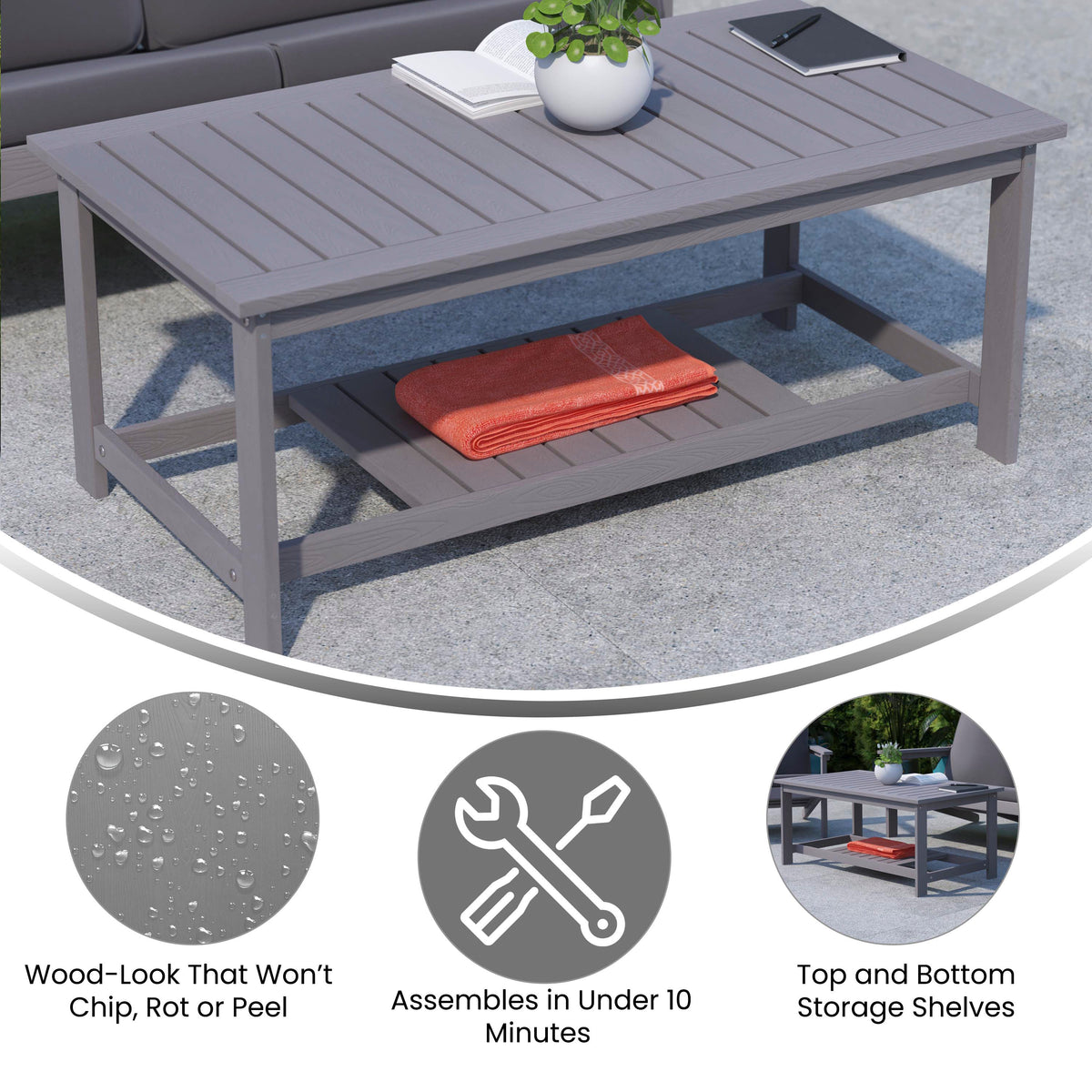 Charlestown All-Weather Poly Resin Wood Two Tiered Commercial Grade Adirondack Slatted Coffee Conversation Table in Gray