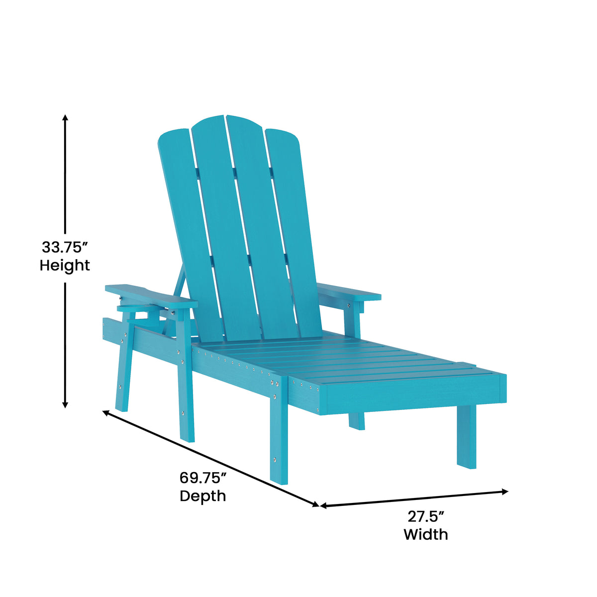 Sonora Commercial Grade Adjustable Adirondack Lounger with Cup Holder, All-Weather Indoor/Outdoor Recycled HDPE Lounge Chair in Blue