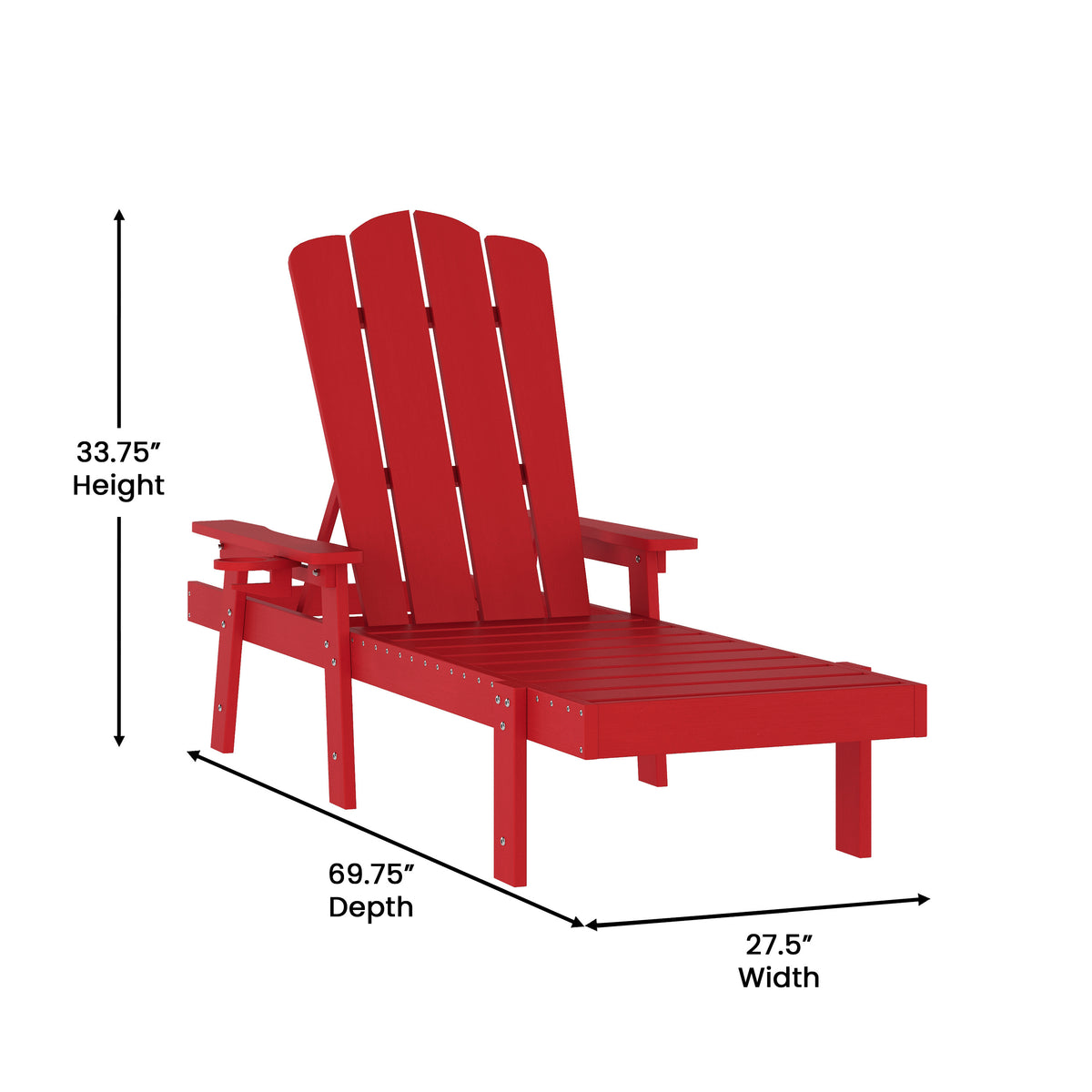 Sonora Commercial Grade Adjustable Adirondack Lounger with Cup Holder, All-Weather Indoor/Outdoor Recycled HDPE Lounge Chair in Red