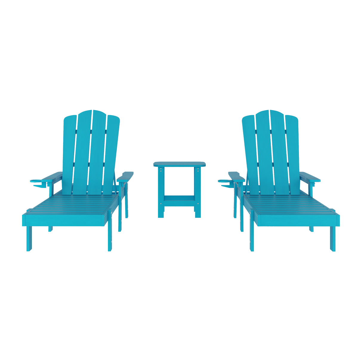 Sonora Commercial Grade 3 Piece Indoor/Outdoor Adirondack Set with 2 Adjustable HDPE Loungers with Cup Holders and 2-Tier Side Table in Blue