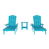 Sonora Commercial Grade 3 Piece Indoor/Outdoor Adirondack Set with 2 Adjustable HDPE Loungers with Cup Holders and 2-Tier Side Table in Blue