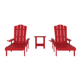 Sonora Commercial Grade 3 Piece Indoor/Outdoor Adirondack Set with 2 Adjustable HDPE Loungers with Cup Holders and 2-Tier Side Table in Red