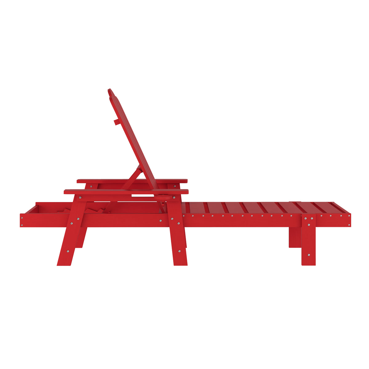 Sonora Commercial Grade 3 Piece Indoor/Outdoor Adirondack Set with 2 Adjustable HDPE Loungers with Cup Holders and 2-Tier Side Table in Red