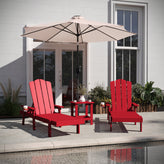Sonora Commercial Grade 3 Piece Indoor/Outdoor Adirondack Set with 2 Adjustable HDPE Loungers with Cup Holders and 2-Tier Side Table in Red