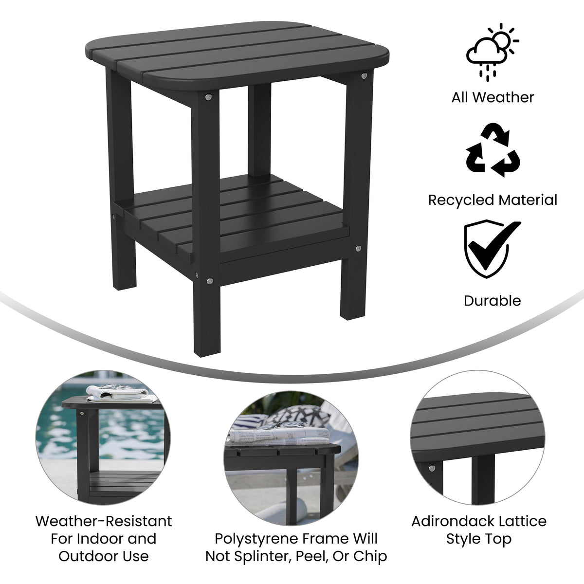 Newport HDPE 2-Tier Adirondack Side Table - All-Weather - Indoor/Outdoor Black