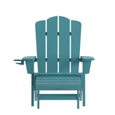 Newport HDPE Adirondack Chair with Cup Holder and Pull Out Ottoman, All-Weather HDPE Indoor/Outdoor Lounge Chair in Blue
