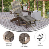 Newport HDPE Adirondack Chair with Cup Holder and Pull Out Ottoman, All-Weather HDPE Indoor/Outdoor Lounge Chair in Brown