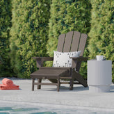 Newport HDPE Adirondack Chair with Cup Holder and Pull Out Ottoman, All-Weather HDPE Indoor/Outdoor Lounge Chair in Brown