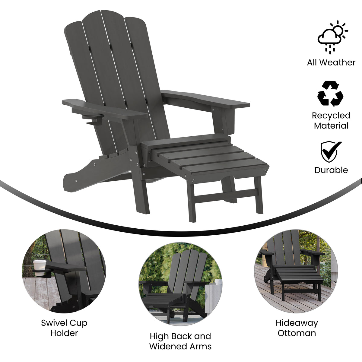 Newport HDPE Adirondack Chair with Cup Holder and Pull Out Ottoman, All-Weather HDPE Indoor/Outdoor Lounge Chair in Gray