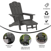 Newport HDPE Adirondack Chair with Cup Holder and Pull Out Ottoman, All-Weather HDPE Indoor/Outdoor Lounge Chair in Gray