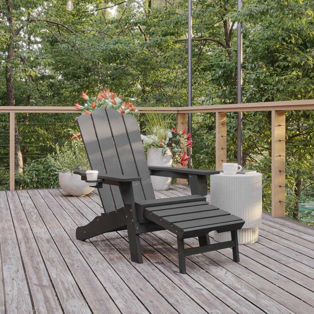 Newport HDPE Adirondack Chair with Cup Holder and Pull Out Ottoman, All-Weather HDPE Indoor/Outdoor Lounge Chair in Gray