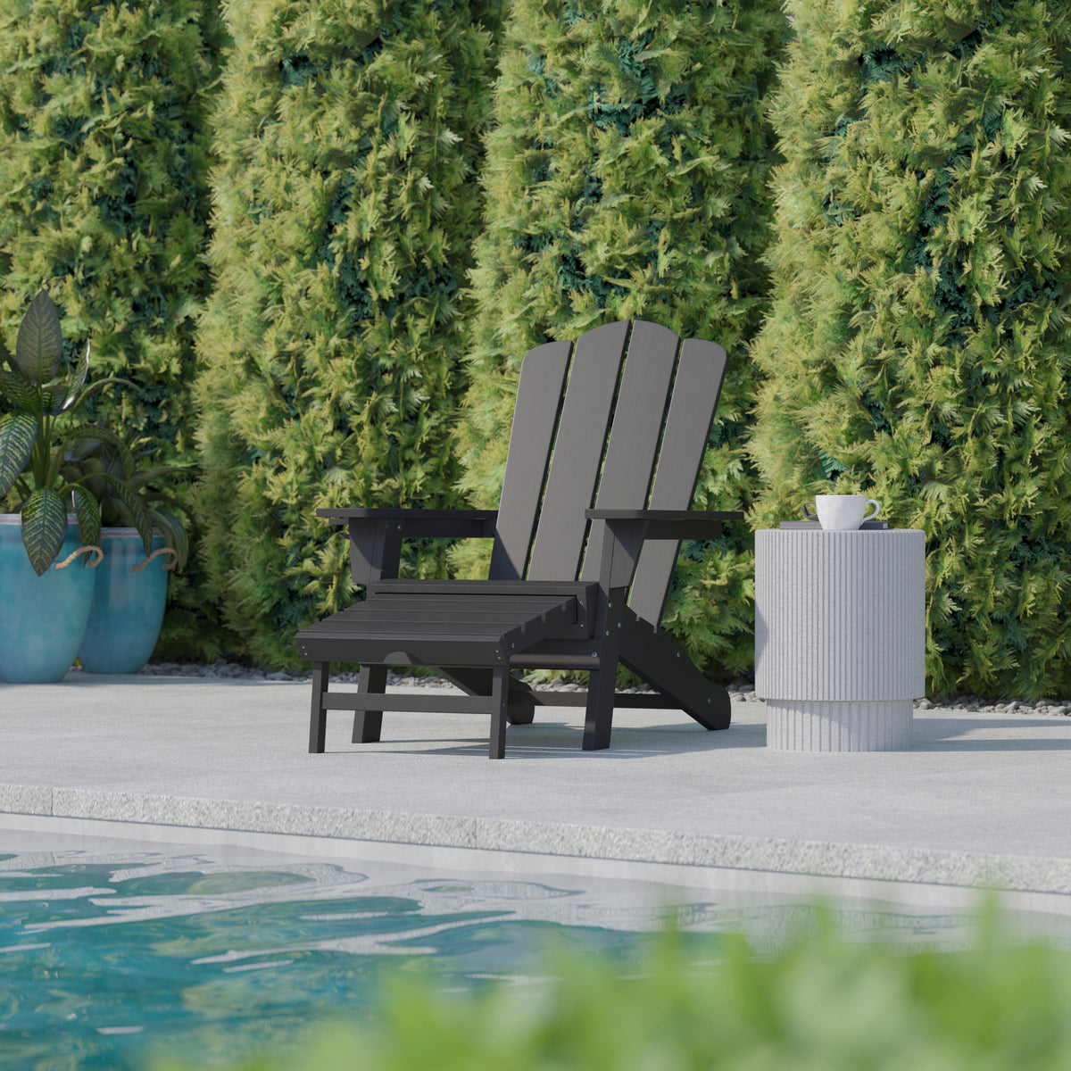 Newport HDPE Adirondack Chair with Cup Holder and Pull Out Ottoman, All-Weather HDPE Indoor/Outdoor Lounge Chair in Gray