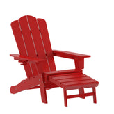 Newport HDPE Adirondack Chair with Cup Holder and Pull Out Ottoman, All-Weather HDPE Indoor/Outdoor Lounge Chair in Red