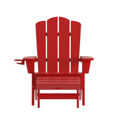 Newport HDPE Adirondack Chair with Cup Holder and Pull Out Ottoman, All-Weather HDPE Indoor/Outdoor Lounge Chair in Red