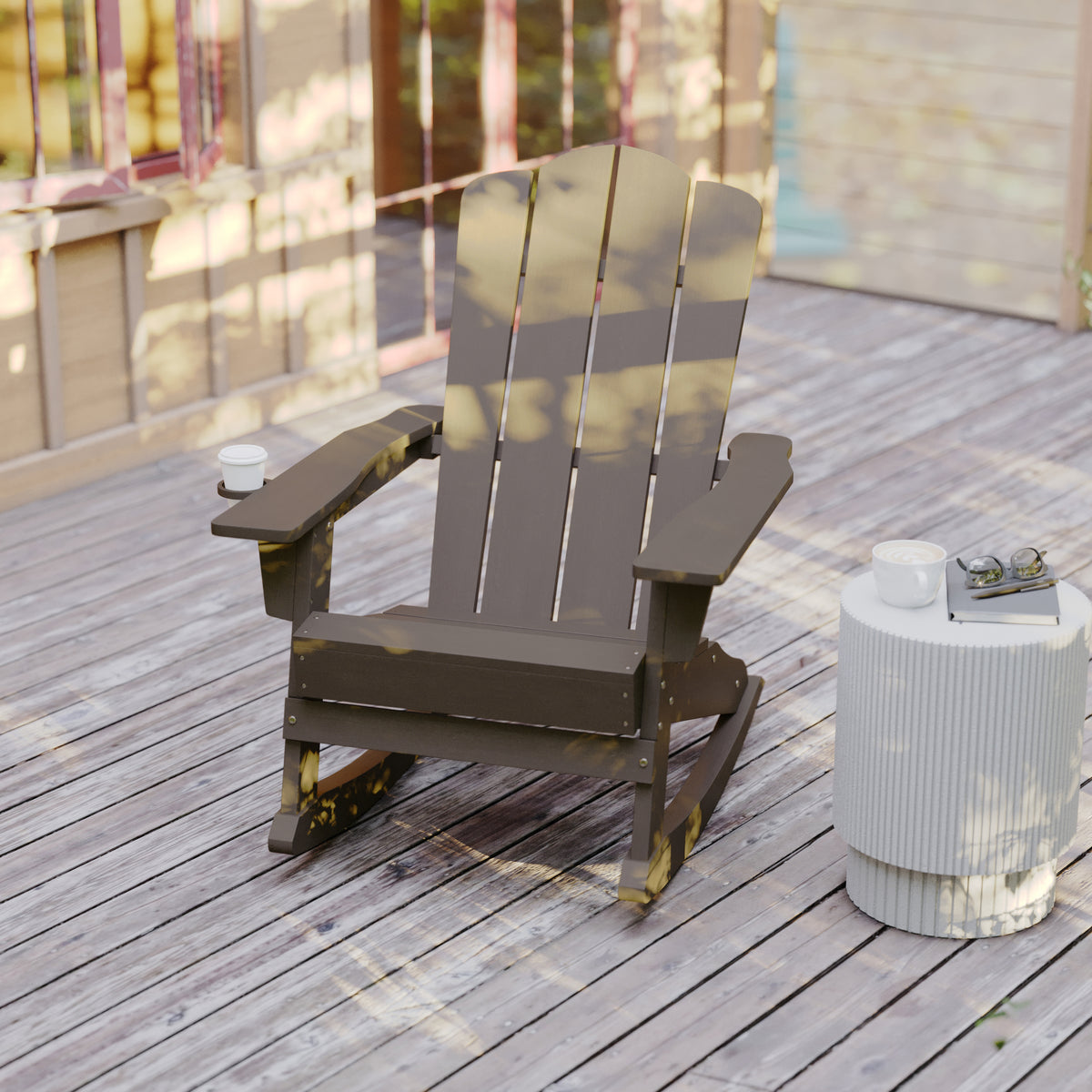 Newport Adirondack Rocking Chair with Cup Holder, Weather Resistant HDPE Adirondack Rocking Chair in Brown