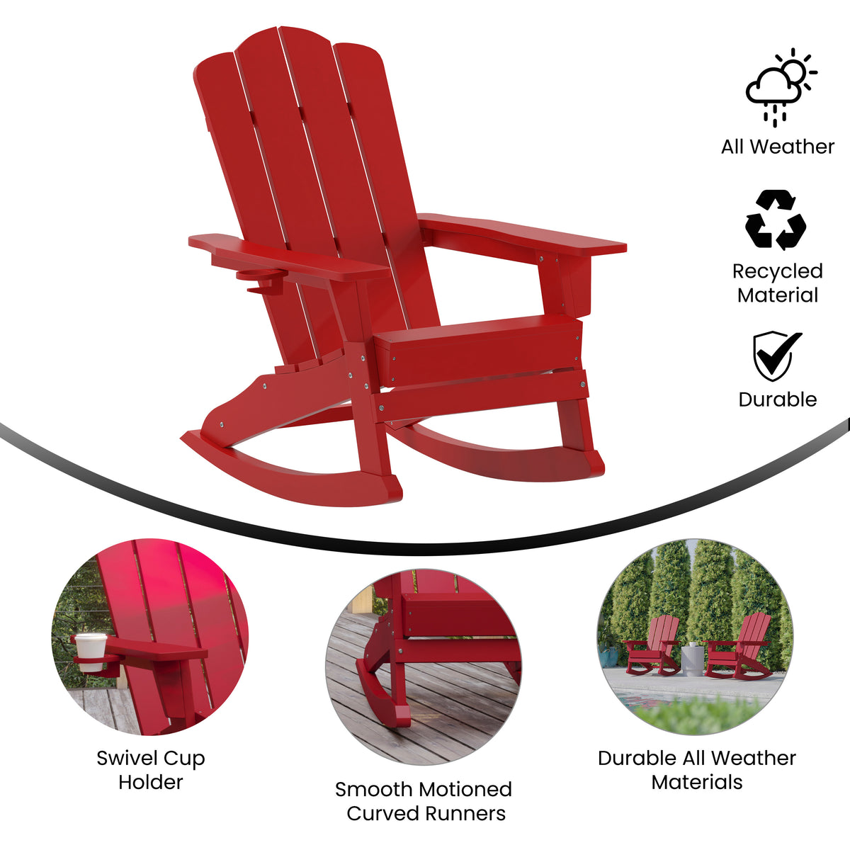 Newport Adirondack Rocking Chair with Cup Holder, Weather Resistant HDPE Adirondack Rocking Chair in Red