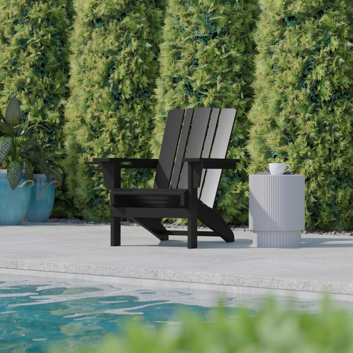 Halifax Adirondack Chair with Cup Holder, Weather Resistant HDPE Adirondack Chair in Black