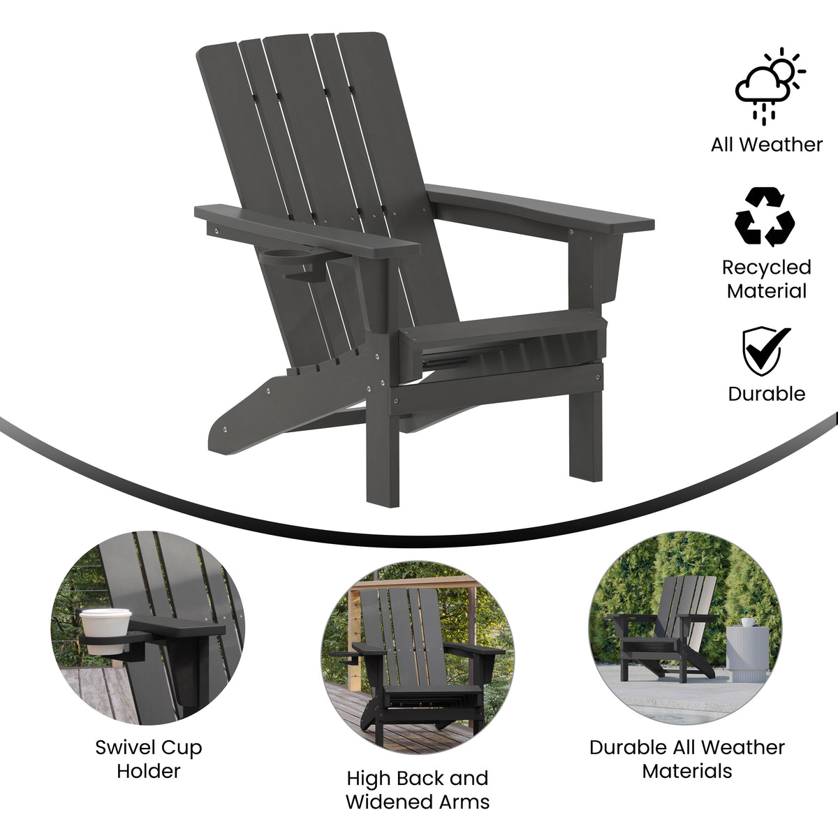 Halifax Adirondack Chair with Cup Holder, Weather Resistant HDPE Adirondack Chair in Gray