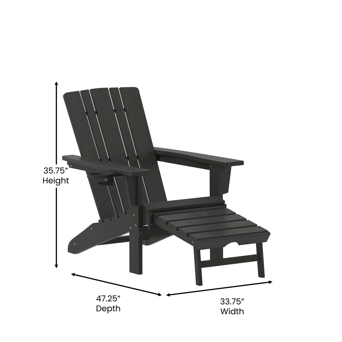 Halifax HDPE Adirondack Chair with Cup Holder and Pull Out Ottoman, All-Weather HDPE Indoor/Outdoor Lounge Chair in Black