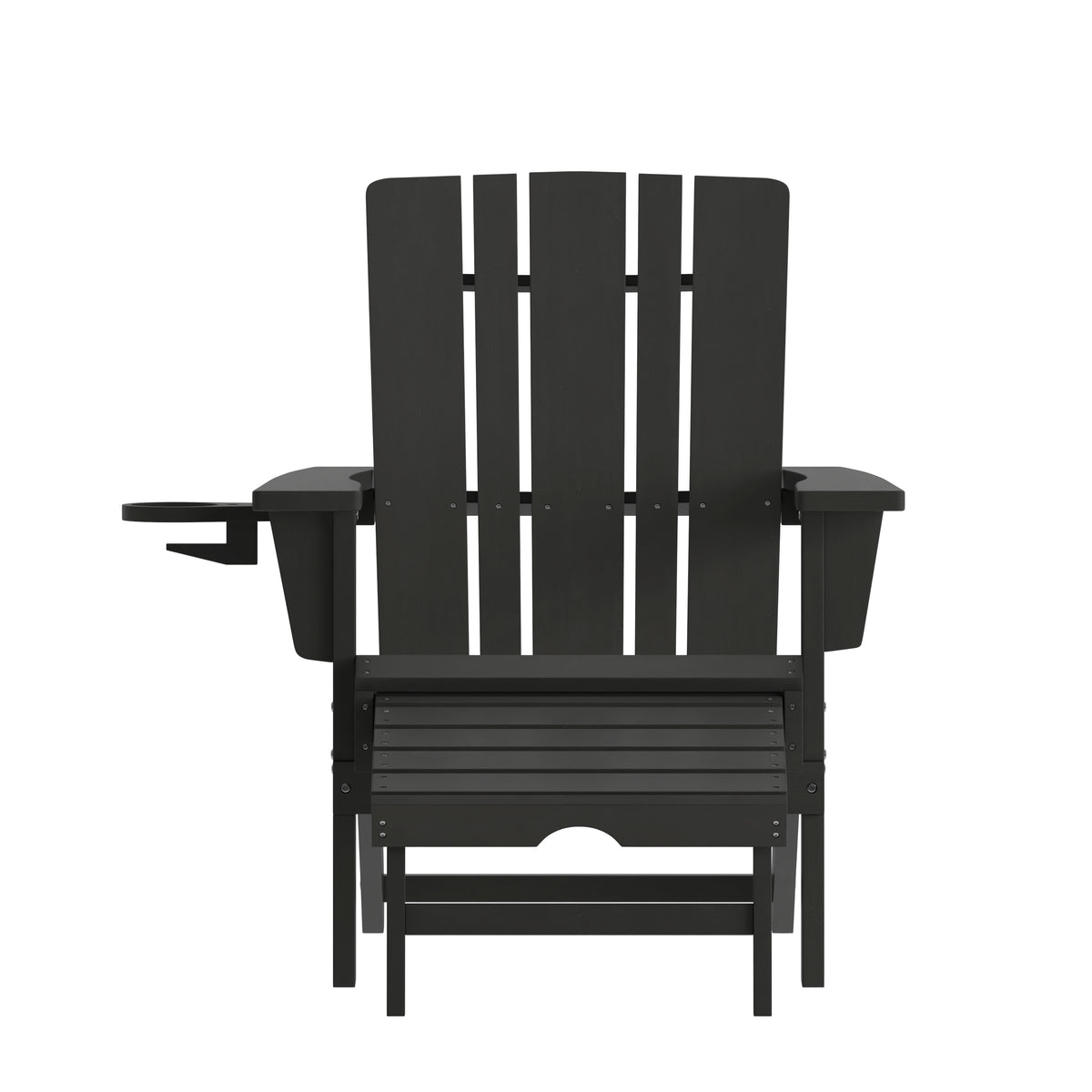 Halifax HDPE Adirondack Chair with Cup Holder and Pull Out Ottoman, All-Weather HDPE Indoor/Outdoor Lounge Chair in Black