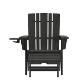 Halifax HDPE Adirondack Chair with Cup Holder and Pull Out Ottoman, All-Weather HDPE Indoor/Outdoor Lounge Chair in Black