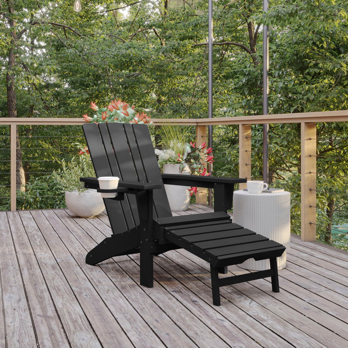 Halifax HDPE Adirondack Chair with Cup Holder and Pull Out Ottoman, All-Weather HDPE Indoor/Outdoor Lounge Chair in Black